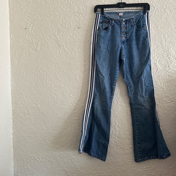 Vintage Button Fly y2k 2000s Stripe Side Flare Leg Jeans 7 Low Rise - Picture 1 of 7